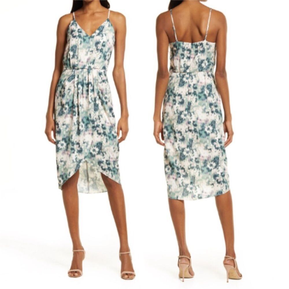 CHELSEA28 | NEW! Faux Wrap Green & Pink Daisy Blur Midi Dress Women’s Size M